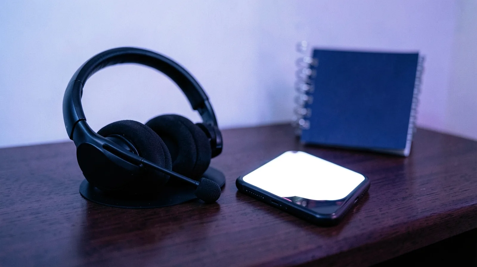 Headset de atendimento ao lado de um celular com a tela acesa e um caderno ao fundo sobre uma mesa de madeira