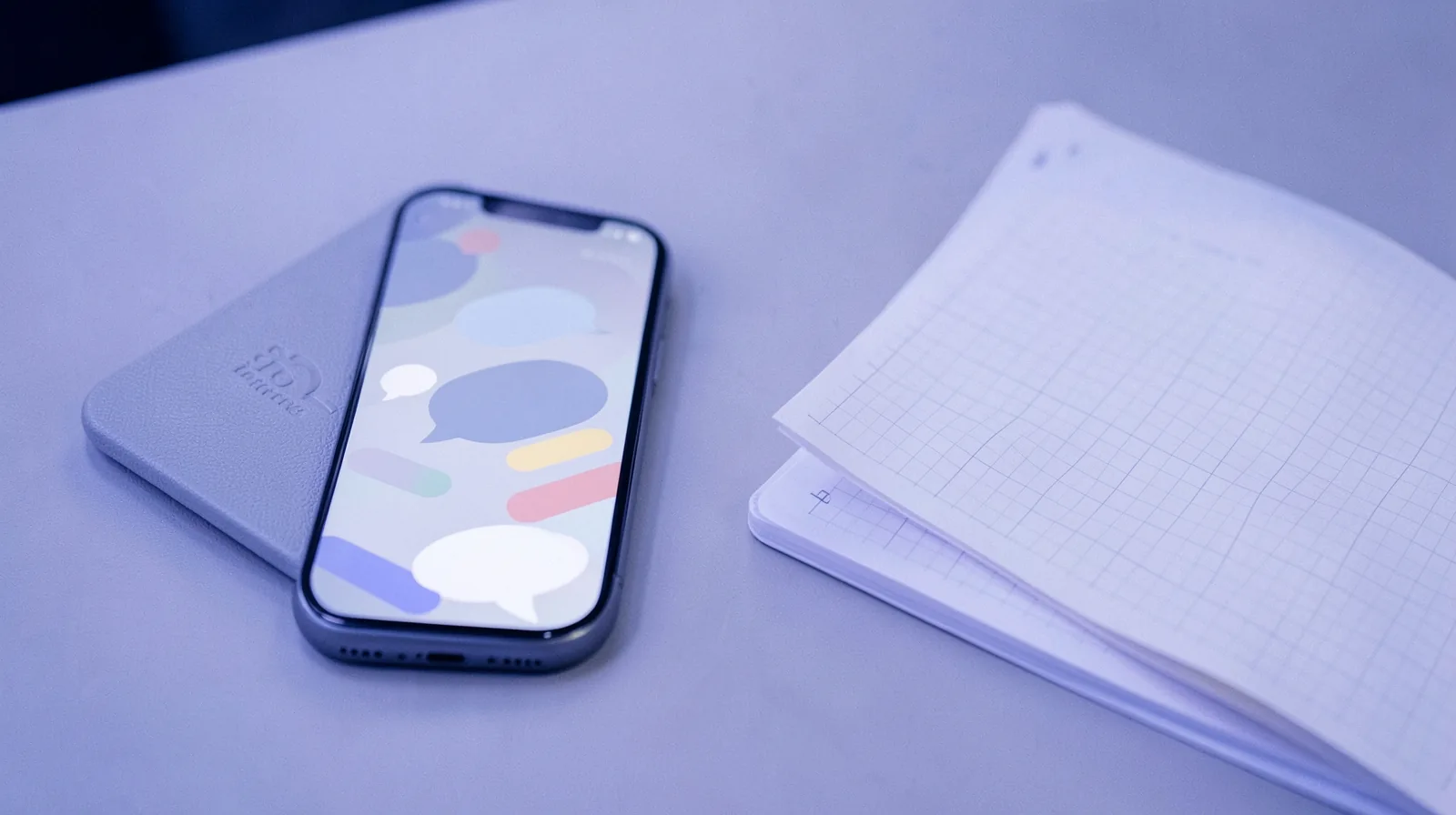 Celular com uma caixa de mensagens de balões vazios e etiquetas coloridas ao lado de uma agenda aberta