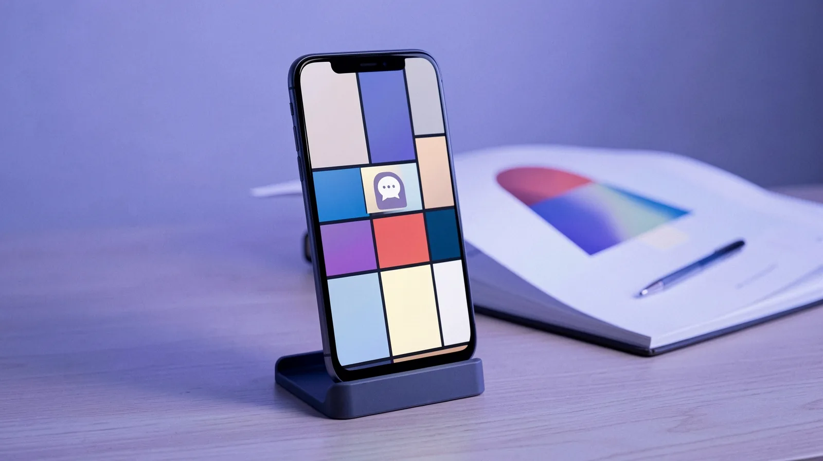 Celular num suporte com uma grade de quadrados coloridos e um balão de conversa, diante de um notebook com um funil abstrato sobre uma mesa de escritório