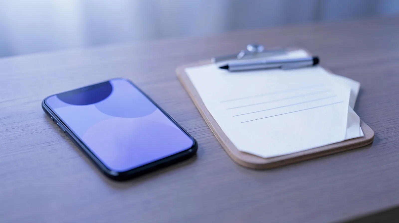 Celular com a tela acesa ao lado de uma prancheta com formulário curto em branco e uma caneta