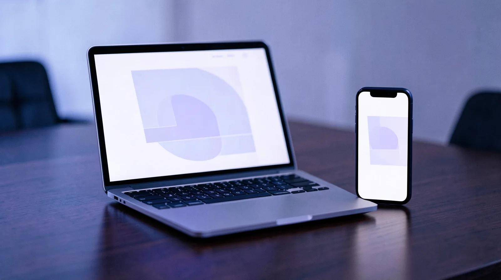 Laptop sobre uma mesa de reunião com o layout abstrato de um site na tela, ao lado de um celular com a versão mobile do mesmo layout