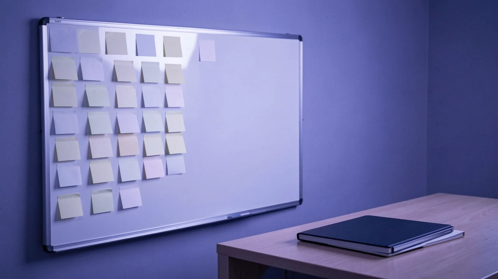 Quadro branco dividido em colunas com notas adesivas coloridas, mais numerosas nas primeiras colunas, ao lado de uma mesa com notebook