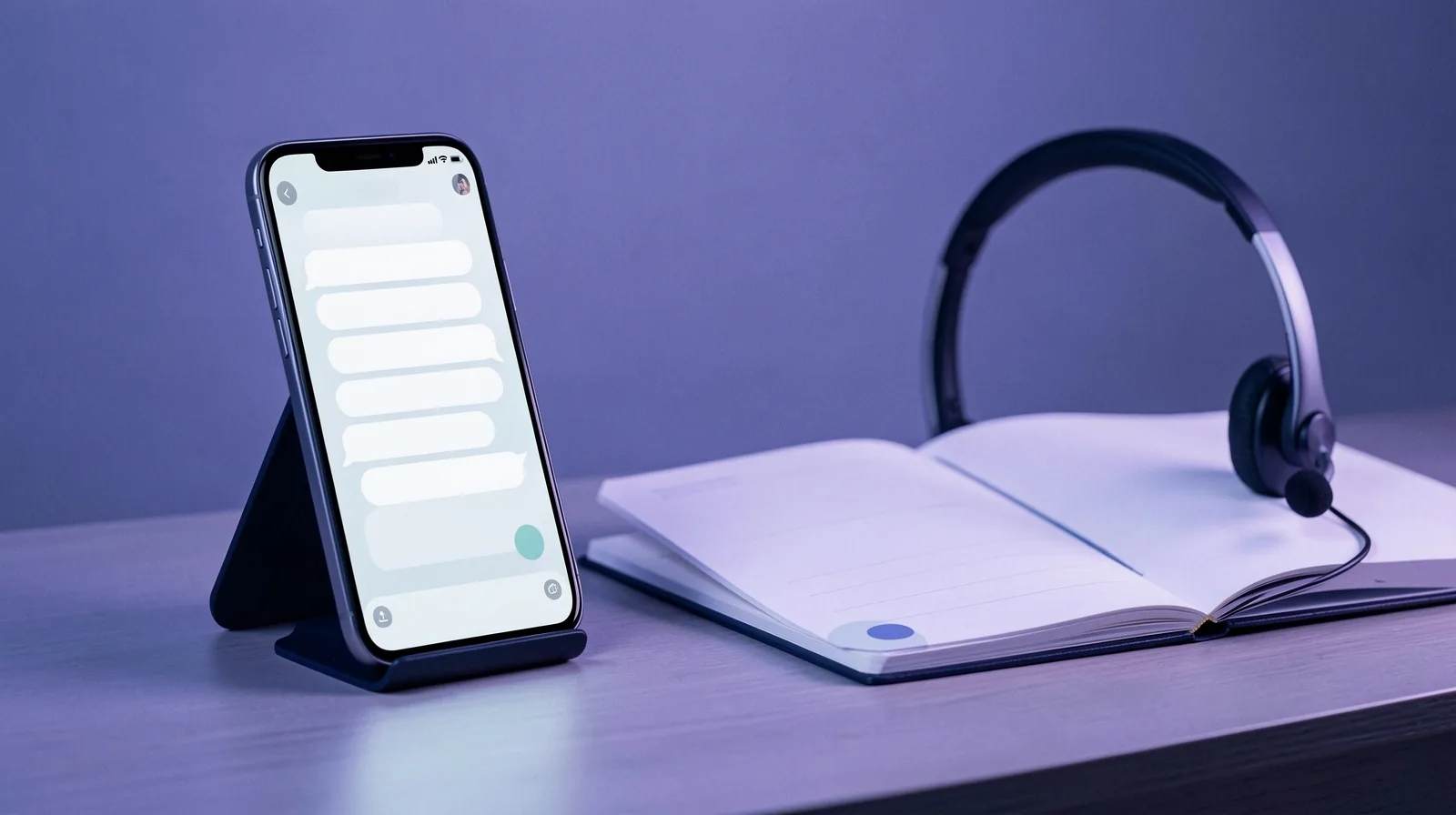 Celular com uma conversa de mensagens na tela ao lado de uma agenda aberta e um headset de atendimento sobre uma mesa