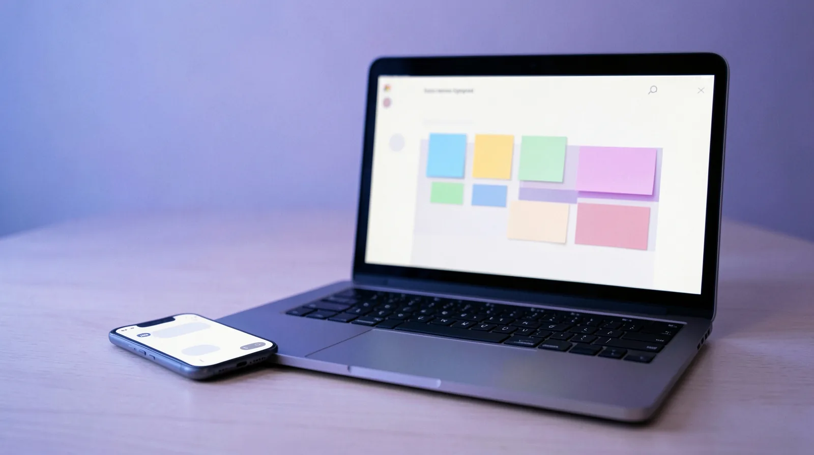 Celular com uma caixa de mensagens e balões de conversa vazios ao lado de um notebook com um quadro de oportunidades em colunas