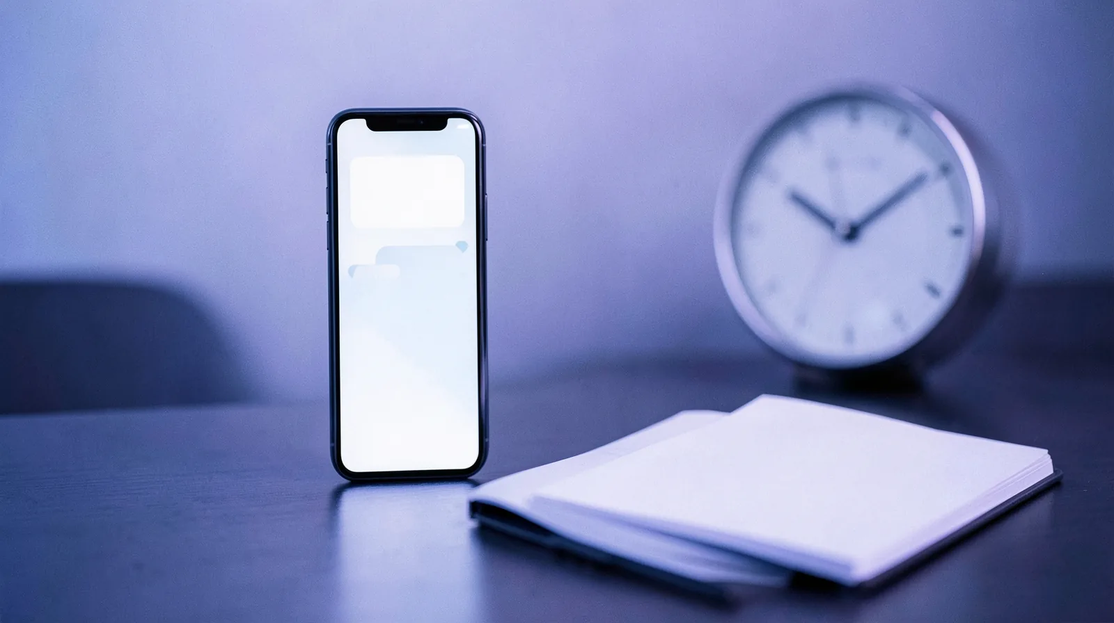 Celular com uma conversa de mensagens na tela ao lado de um relógio de mesa e um caderno aberto
