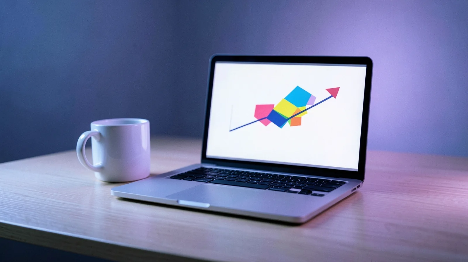 Computador portátil com um painel abstrato de blocos coloridos e gráfico de linha, ao lado de uma xícara