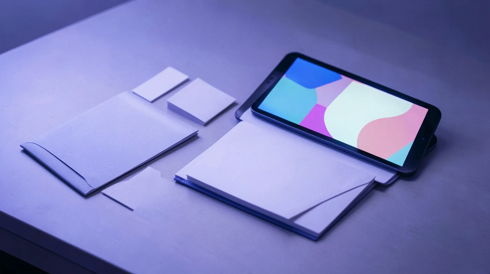 Cartão de visita, pasta, envelope e papel timbrado nas mesmas cores ao lado de um tablet com blocos de cor na tela