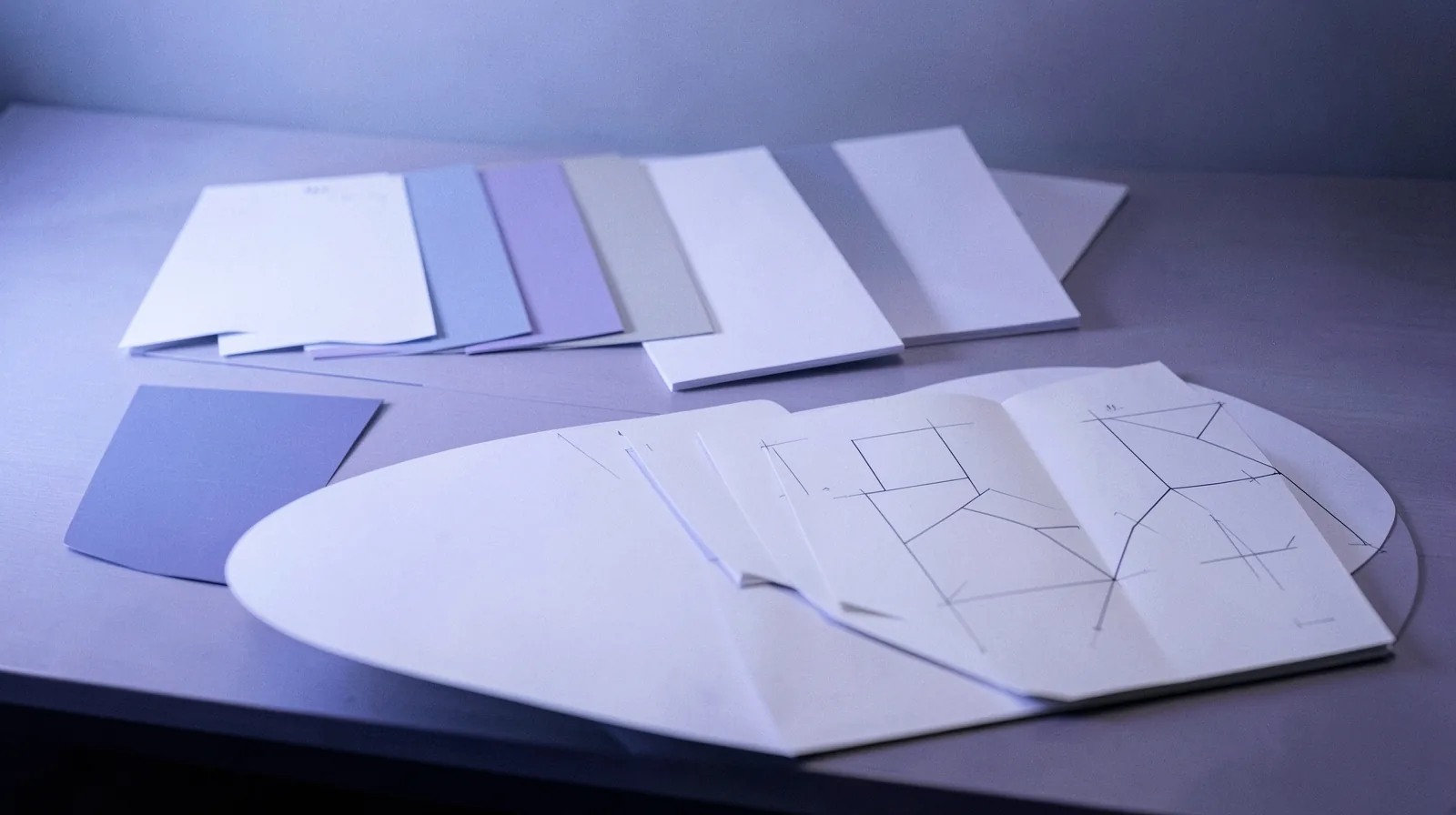Mesa de estúdio com cartões de amostras de cores, papelaria em branco e um caderno aberto com esboços de formas geométricas