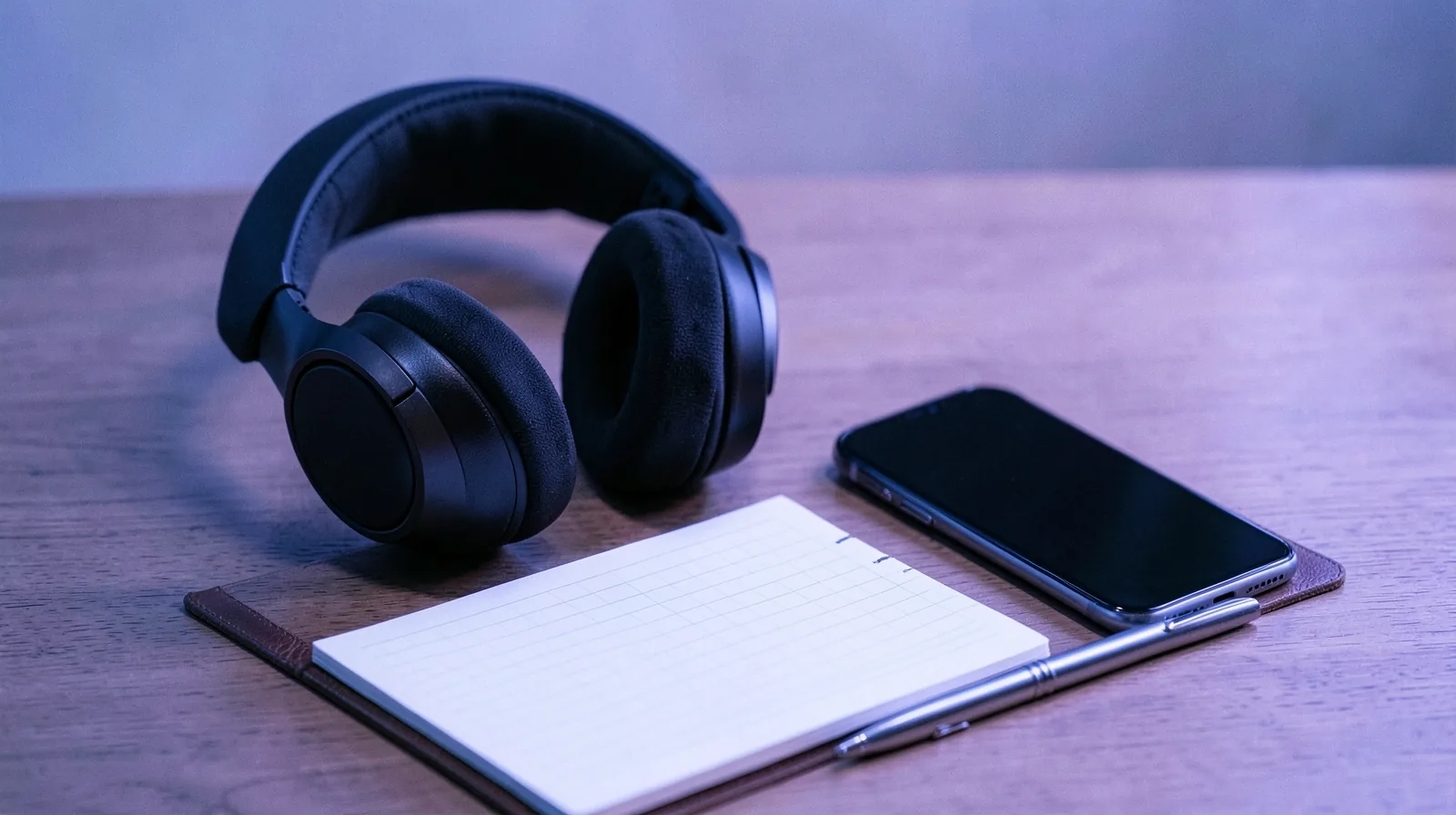 Headset de atendimento, celular com balões de conversa vazios e caderno aberto sobre uma mesa de escritório