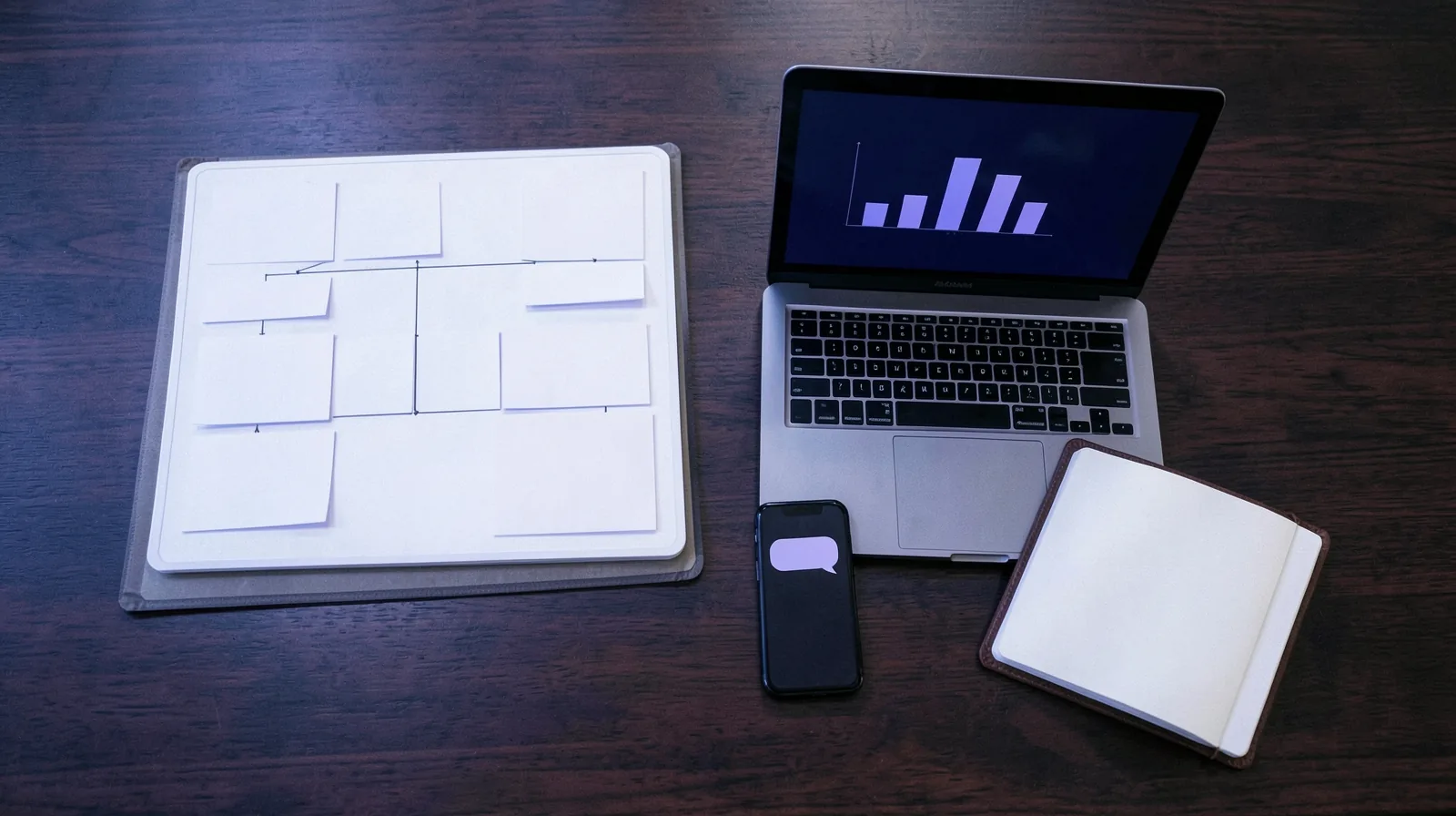 Mesa de reunião vista de cima com cartões em branco organizados em colunas, notebook com gráfico de barras, celular com balões de conversa e agenda aberta