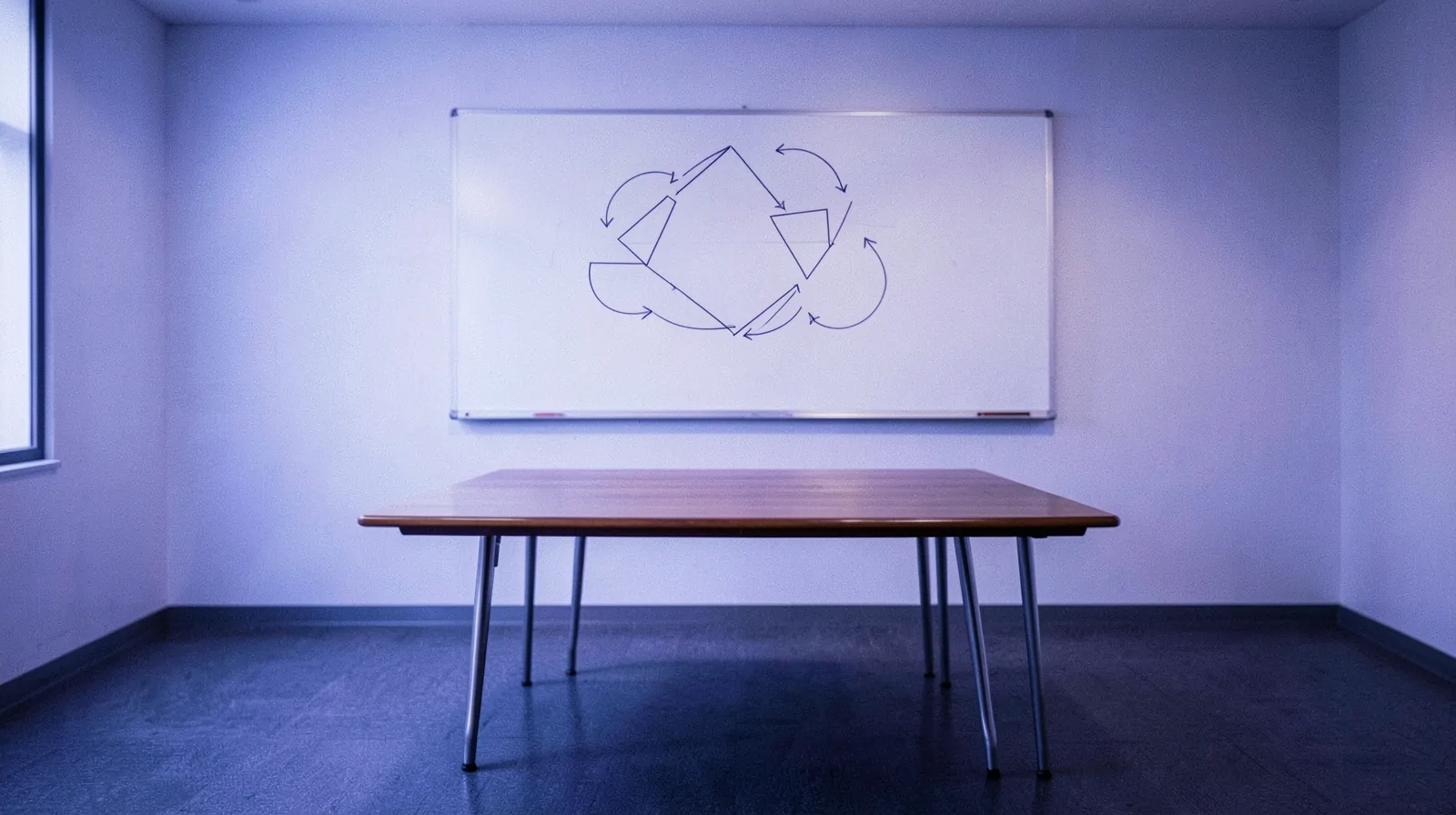 Quadro branco numa sala de reunião com um fluxograma de formas e setas que forma um ciclo de volta