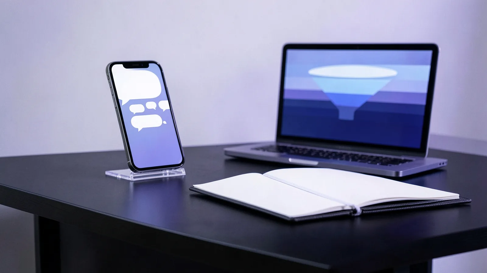 Mesa de atendimento com celular num suporte mostrando balões de conversa vazios, agenda aberta e notebook com funil abstrato