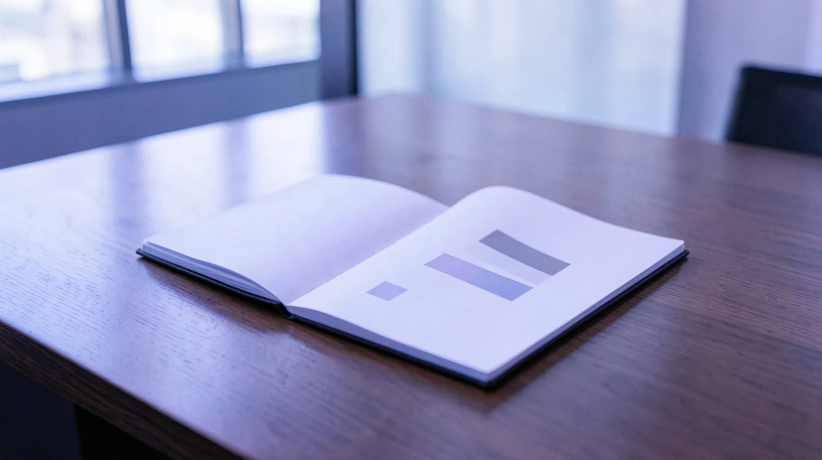 Notebook com painel abstrato de campanhas e barras comparativas sobre uma mesa de escritório