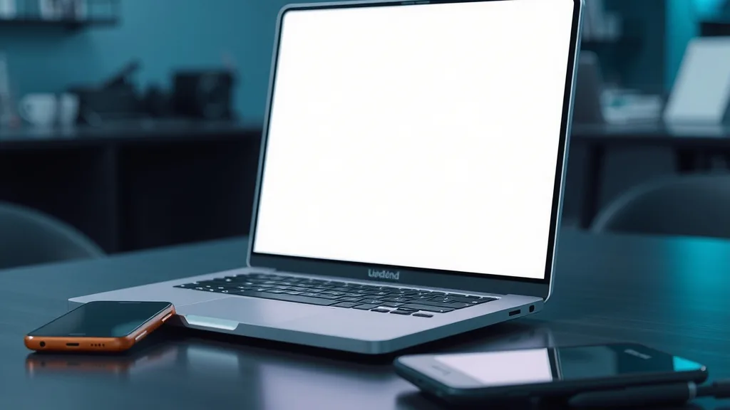 Notebook com funil de vendas abstrato e celular com balões de conversa vazios numa mesa de atendimento comercial