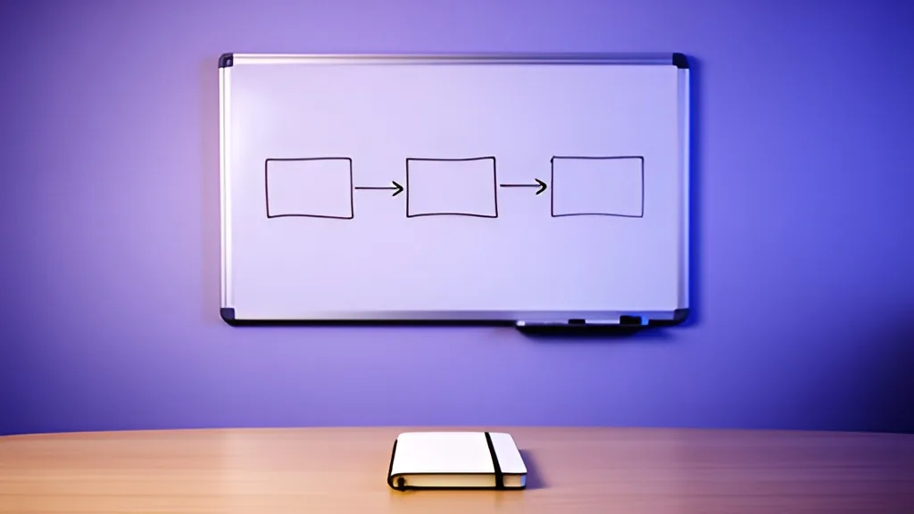 Quadro branco com quatro caixas ligadas por setas numa sala de reunião, com um caderno fechado sobre a mesa