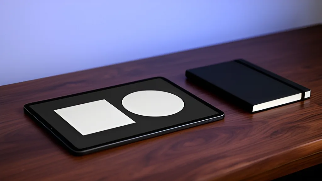 Tablet com um quadrado e um círculo lado a lado na tela, ao lado de um caderno preto fechado sobre uma mesa de madeira escura