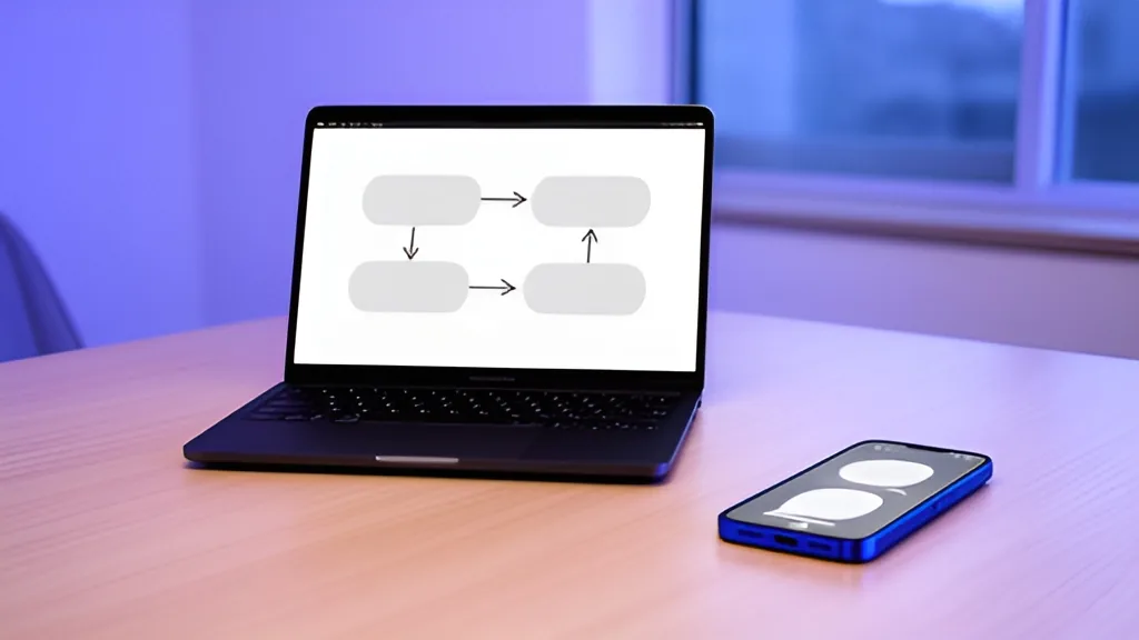 Notebook com um fluxograma de quatro etapas na tela e celular com três balões de conversa vazios sobre uma mesa de reunião